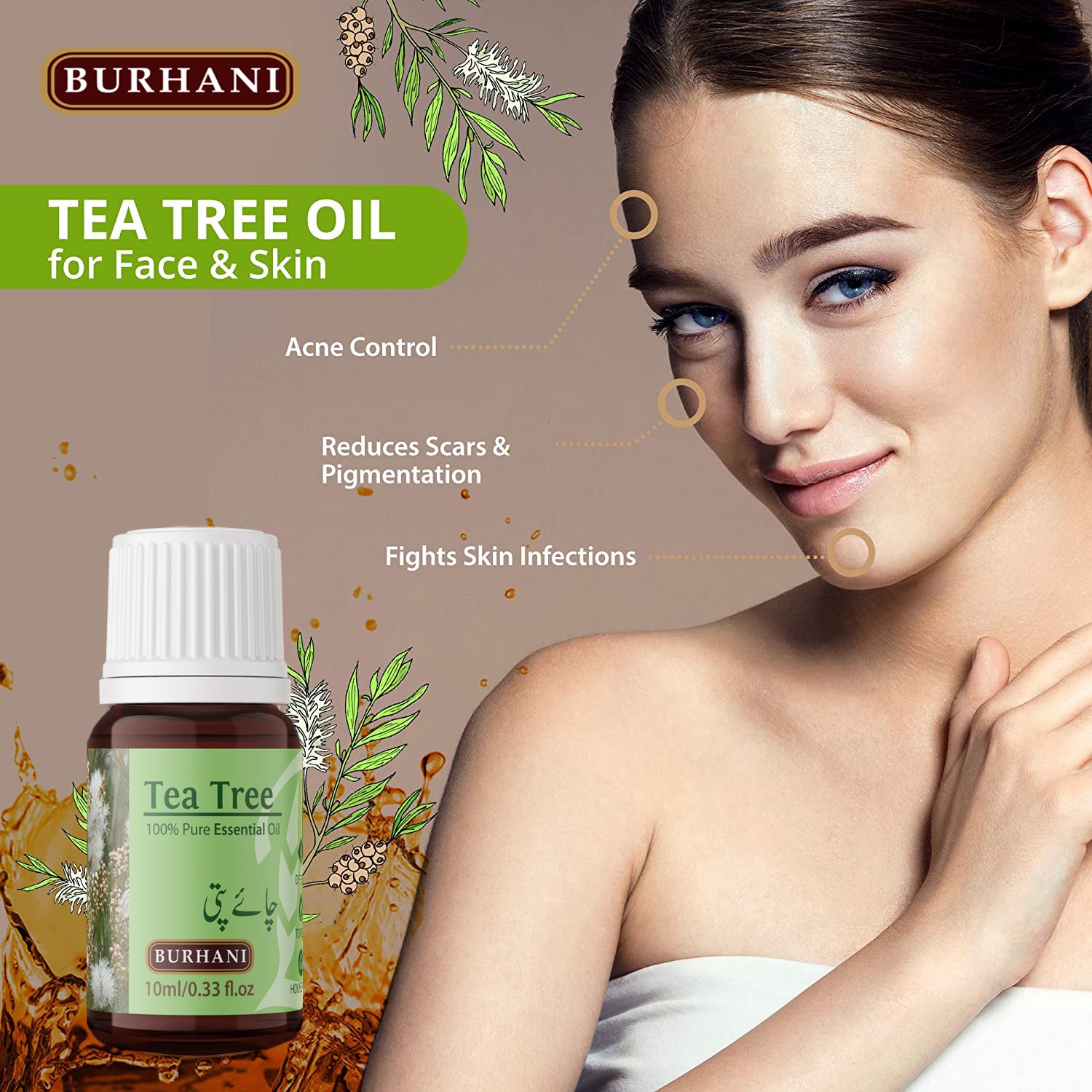 Tea Tree Oil by Burhani For Skin, Hair, Face, Reduces Acne, Promotes Blemish Free Skin, Improves Hair Growth 10ML