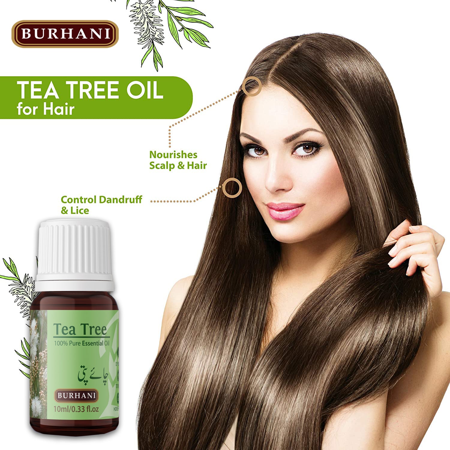 Tea Tree Oil by Burhani For Skin, Hair, Face, Reduces Acne, Promotes Blemish Free Skin, Improves Hair Growth 10ML